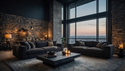 Modern interior of a living room. Penthouse Loft with dark stone walls