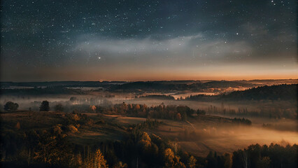 Obraz premium morning landscape, stars still not visible, sunrise beginning, haze of fog,