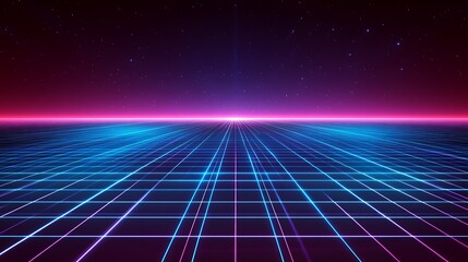A vibrant, retro-futuristic landscape with a grid and neon colors, evoking nostalgia.