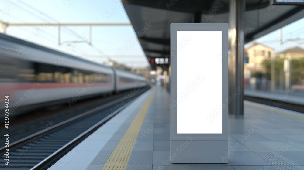 Poster a clean, minimalistic train station sign mockup on a platform with modern architecture and a passing