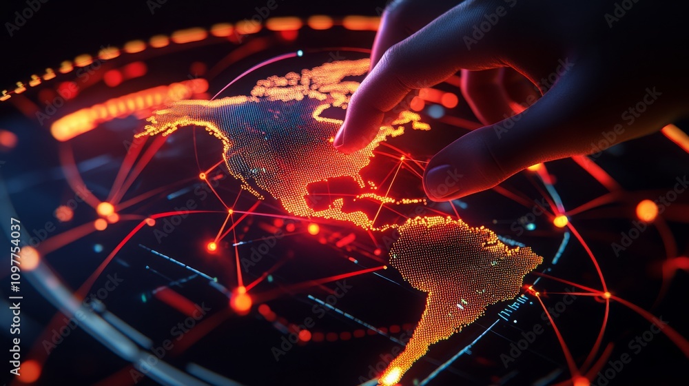 Poster global network digital world map interconnected data streams technology innovation business