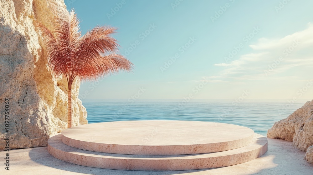 Poster minimal abstract background with 3d render of round platform and palm tree by the ocean under clear 