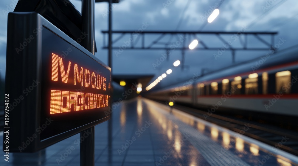 Poster a clean, minimalistic train station sign mockup on a platform with modern architecture and a passing