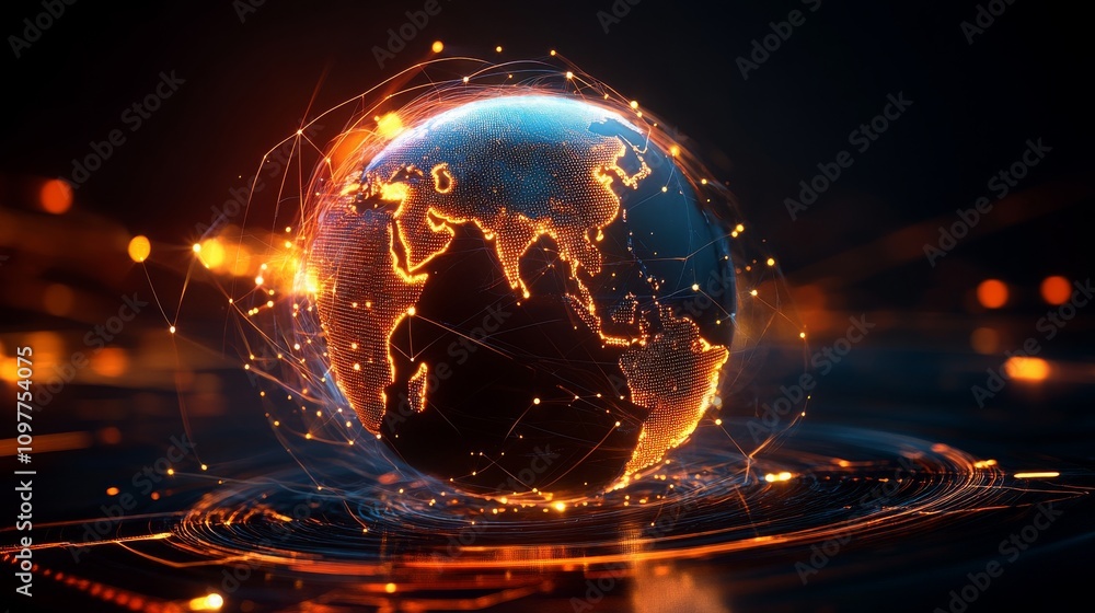 Poster global network digital earth interconnected world data streams orange glow abstract background
