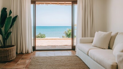 Beachfront villa living room with open doors to sunlit sea view