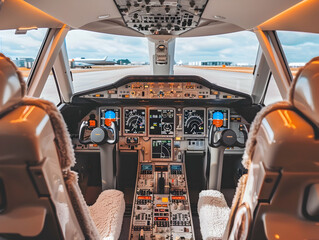 Fototapeta premium Private Jet photo, luxury private jet on sky, private jet interior and exterior view, fly on a private jet plane, business trip on luxury private jet, take off of a private jet