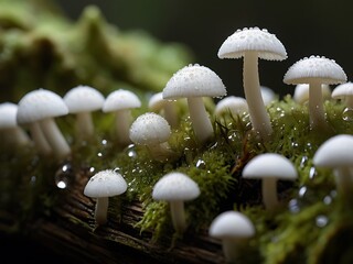 Delicate White Mushrooms Growing On Mossy Log