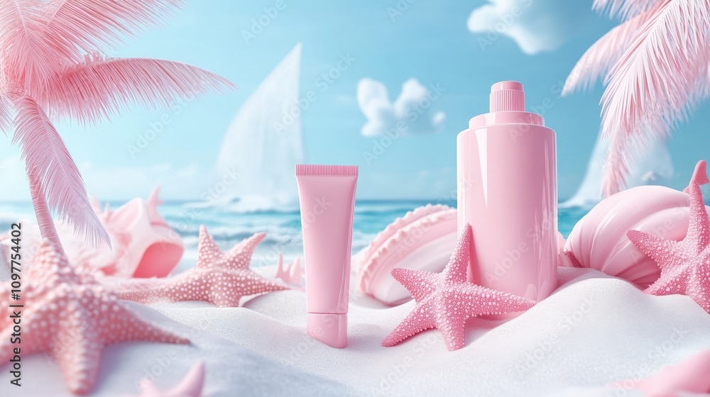 Poster minimalistic 3d render of an abstract background featuring pink tropical elements and a tranquil oce