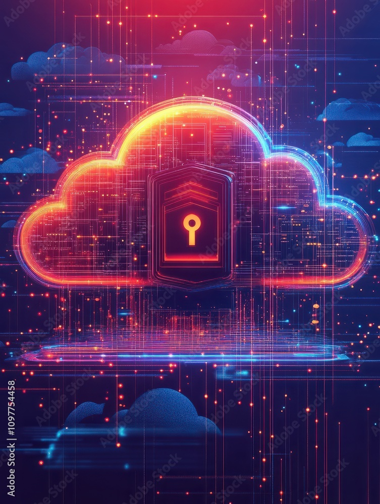 Poster virtual information protection, online data storage safety. cloud-based engine, cloud engineering, c