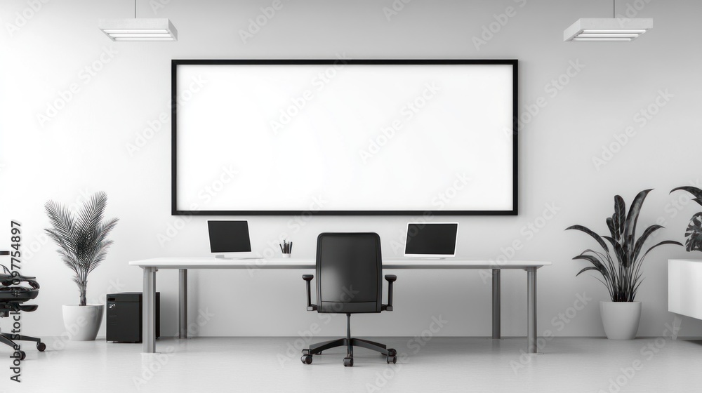 Poster modern minimalist office workspace with large blank screen