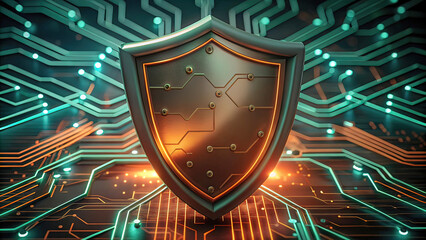 Fototapeta premium Collage with modern design of electronic shield symbolizing the concept of computer protection and security, vector illustration,