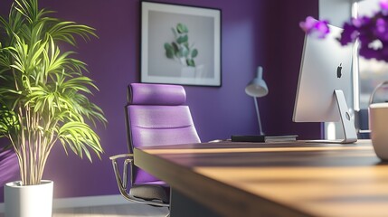 Purple Home Office Armchair Wooden Table Modern Interior Design":