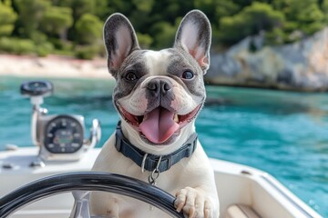 A French Bulldog driving on a white boat