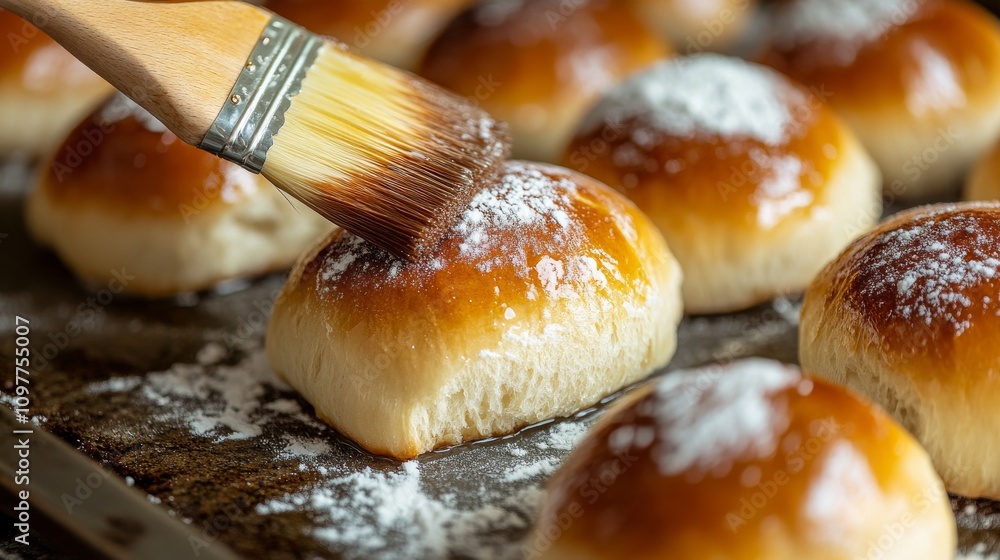 Poster a hand applies a shiny glaze to freshly baked rolls, creating a golden-brown crust. the image captur