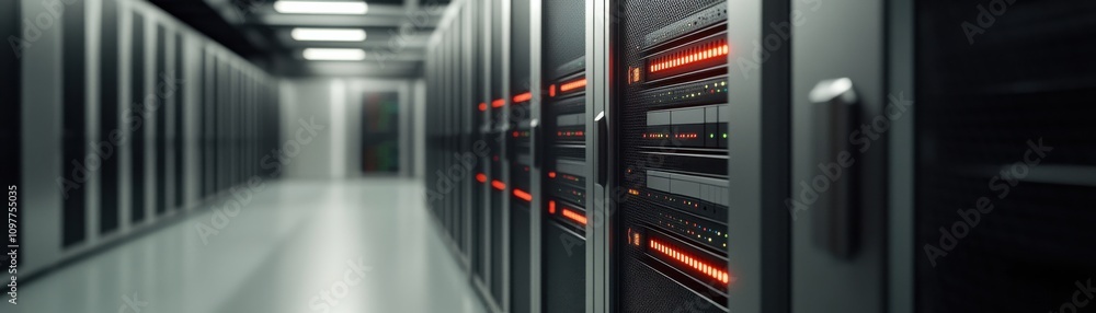 Aufkleber a corridor of sleek server racks illuminated by red lights, showcasing a modern data center environm