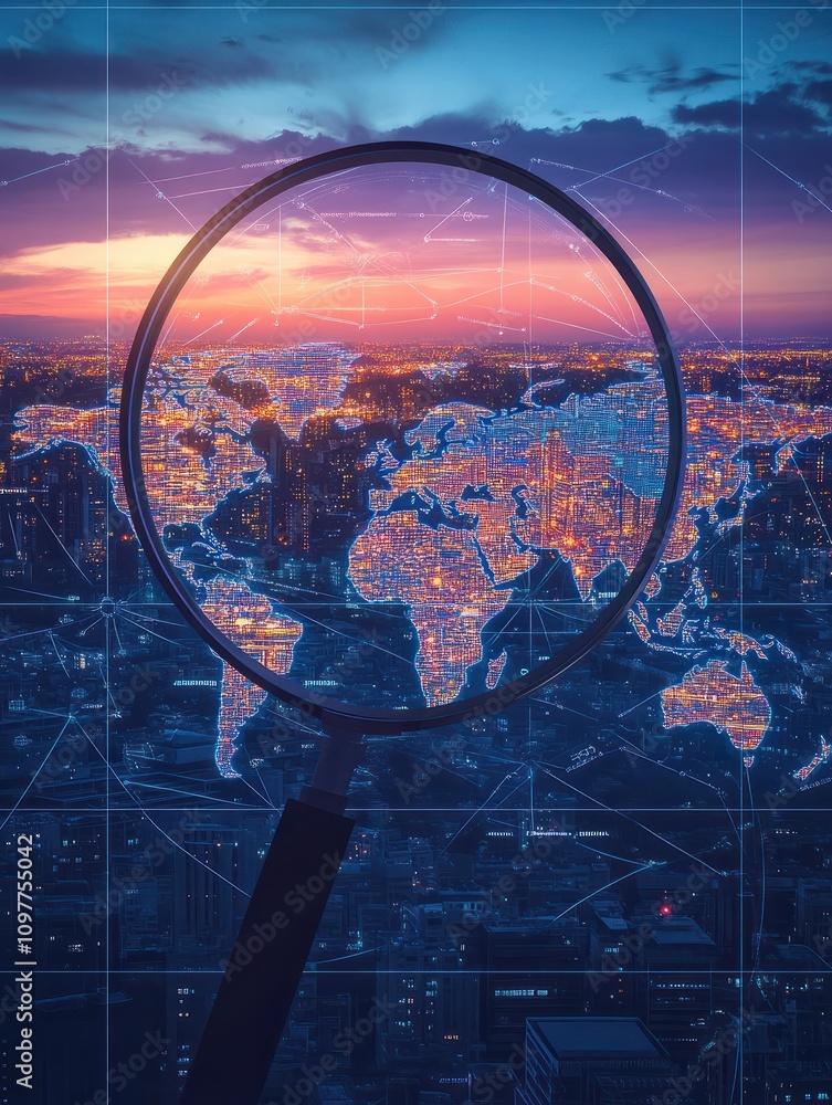Poster world map zoom magnifying icon search network futuristic interface seo connection concept skyline su