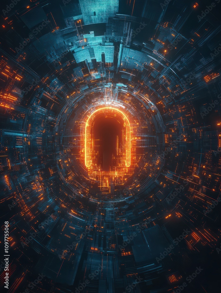 Poster world security technology concept with digital keyhole and glowing lock signs at abstract dark backg