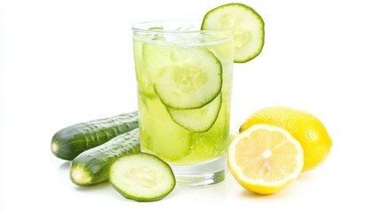 Fototapeta premium A refreshing cucumber lemonade garnished with cucumber slices and lemon wedges, Each sip's coolness and citrusy tang captured with precision
