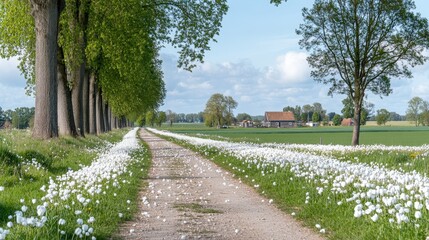 Serene Spring Countryside  Dirt Road  White Flowers  Trees  Farm
