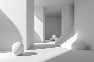 Fototapeta premium A minimalist interior scene with geometric shapes and soft lighting.