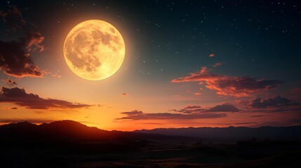 Serene Sunset Landscape with Huge Full Moon Night Sky Stars