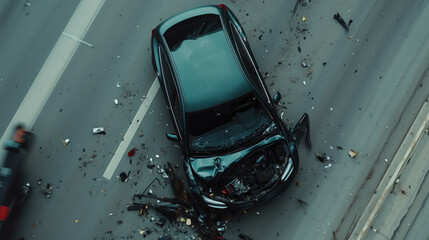 Aerial view of damaged electric vehicle on highway, debris scattered