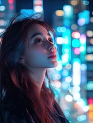 Young woman posing in the glowing cityscape of Tokyo at night