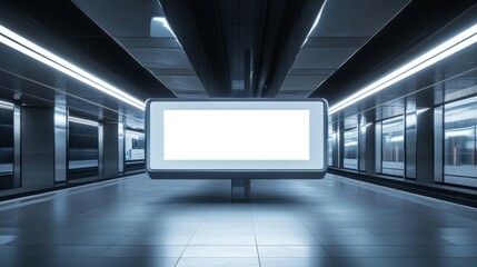 A transparent billboard mockup illuminated at dusk, positioned in a sleek, futuristic train station