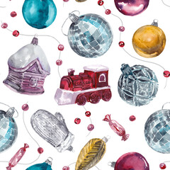 seamless pattern with chistmas decoration. hand drawn watercolor illustration. vintage style decor