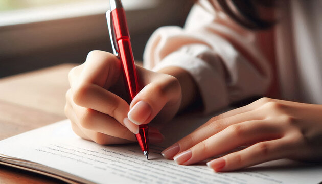 A woman taking notes with a red pen, focusing on her writing at a well-lit desk