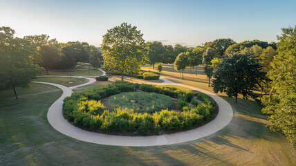 Fototapeta premium View of serene park with winding paths and lush greenery surrounded by trees, cozy urban environment, place to relax in the city