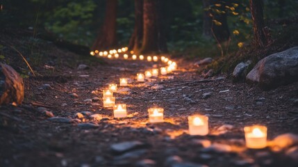 A serene path illuminated by glowing candles leads through a tranquil forest, creating a magical and inviting atmosphere.