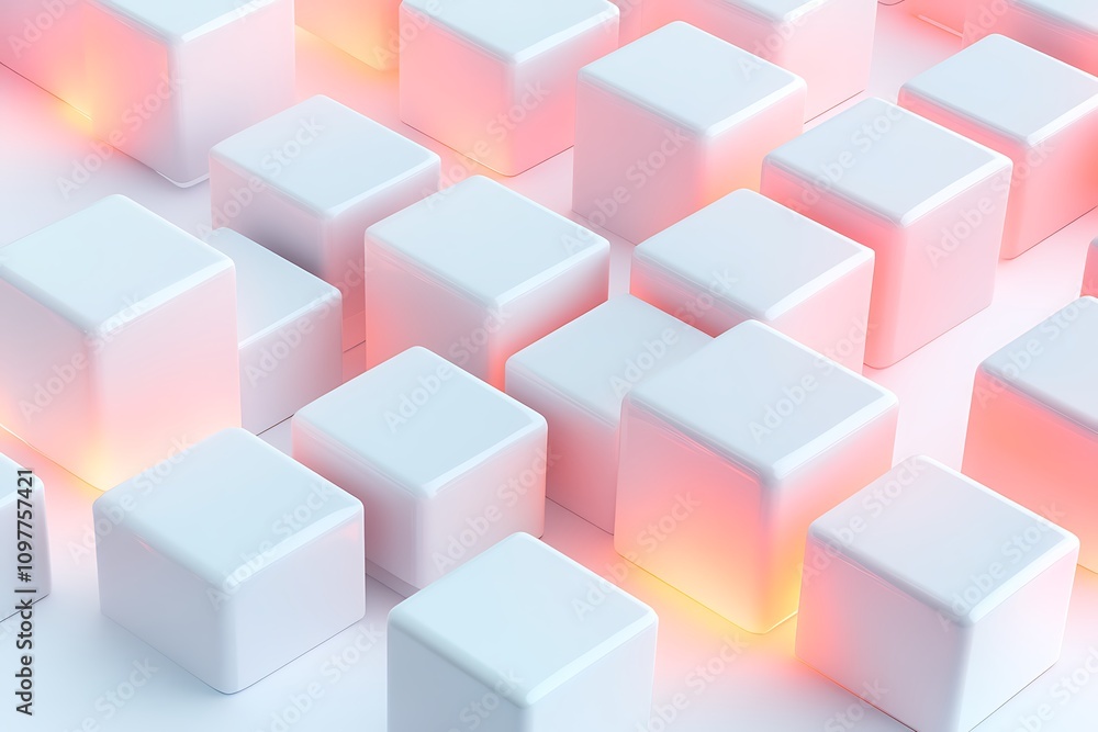 Poster abstract arrangement of glowing white cubes with a soft gradient background.