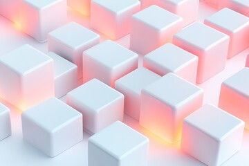 Obraz premium Abstract arrangement of glowing white cubes with a soft gradient background.