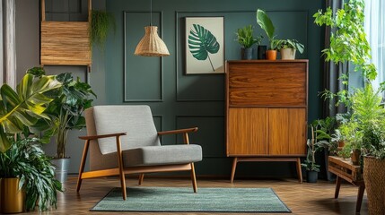Interior design with a wooden cabinet, chair, gray sofa, plants, pendant lamp, and elegant personal accessories