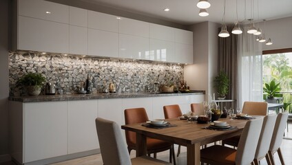 Modern kitchen and dining room interior at home