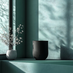 modern interior scene featuring black tumbler and white vase with flowers, set against textured teal wall. soft shadows create serene atmosphere