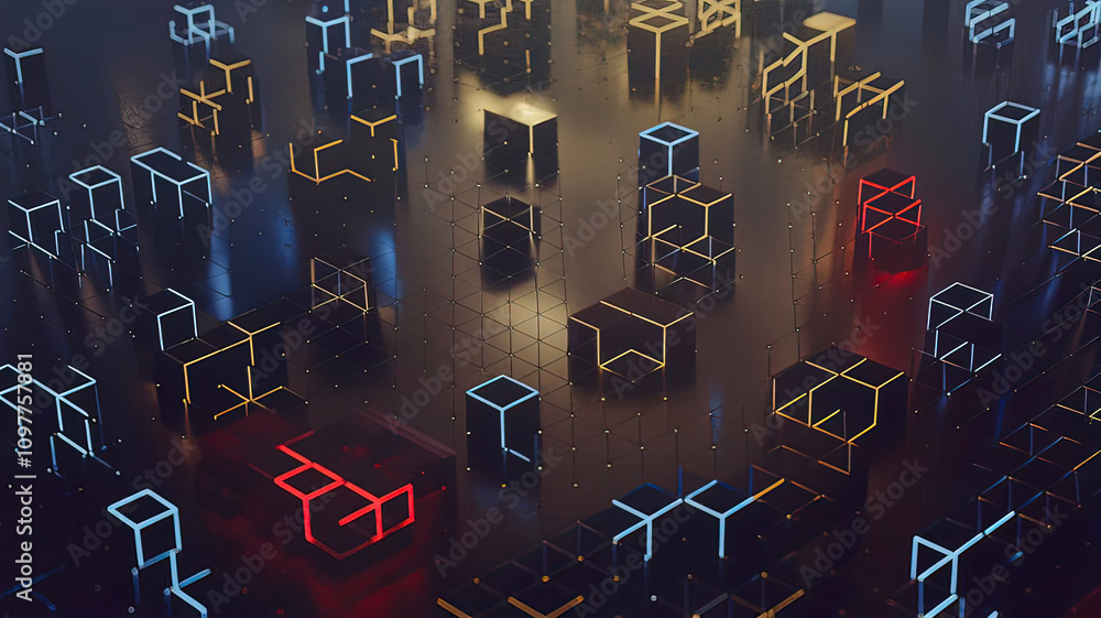 Poster abstract digital background of ordered dots on dark background. 3d rendering
