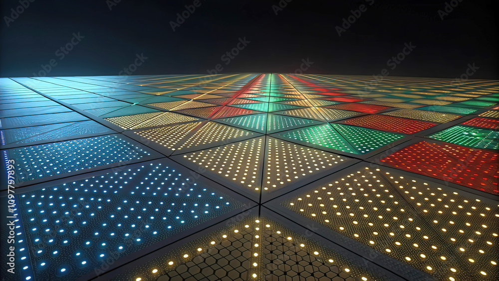 Poster abstract digital background of ordered dots on dark background. 3d rendering