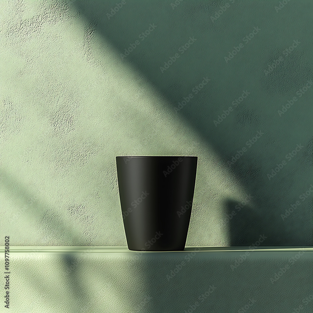 Poster sleek black tumbler stands on minimalist shelf against textured green wall, creating modern and styl