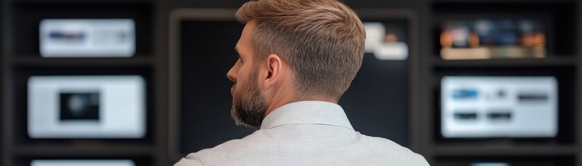 Obraz premium A man with a stylish haircut is seen from behind, observing digital screens displaying various content in a modern setting.