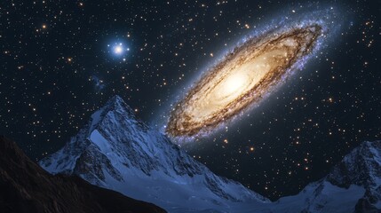 Majestic galaxy over snow-capped mountains at night.
