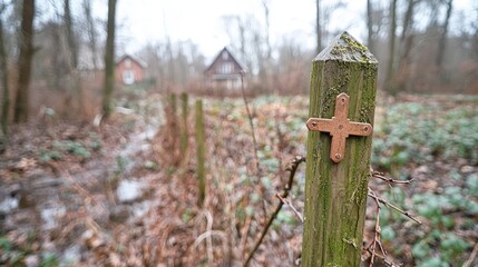 Wooden Post with Cross in Forest Landscape  Nature Trail Marker  Hiking  Rural Scene