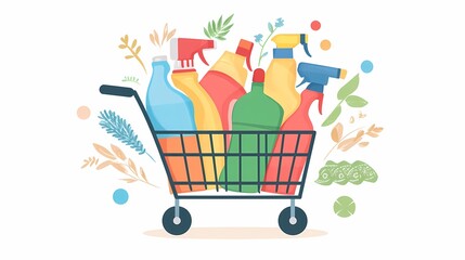 Colorful Illustration of a Shopping Cart Filled with Household Cleaning Products Surrounded by Nature-Inspired Elements and Greenery, Perfect for Eco-Friendly Concepts