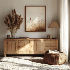 serene interior featuring wooden sideboard, decorative vase with dried plants, and cozy lamp. warm tones create calming atmosphere
