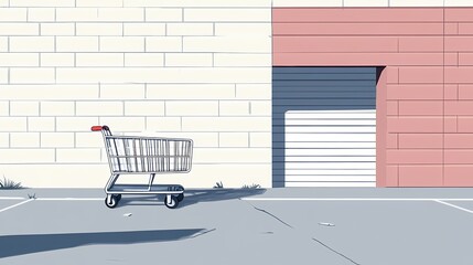 Empty Shopping Cart on Concrete Surface Near Garage Door in Urban Setting with Minimalistic Design and Soft Color Palette, Perfect for Retail and Consumer Themes
