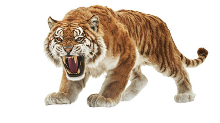 Obraz premium A snarling tiger beast with sharp fangs and dynamic fur textures, standing on a pristine, PNG format Background. Generative AI 