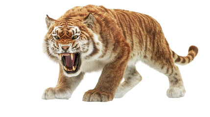 A snarling tiger beast with sharp fangs and dynamic fur textures, standing on a pristine, PNG format Background. Generative AI 
