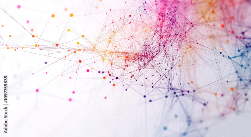 Poster Abstract digital art featuring colorful network connections and geometric patterns on a light background