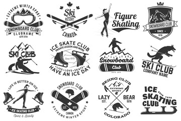 Ski, Ice Skate and Snowboard Club emblem. Vector. Concept for shirt, print, stamp, badge or tee. Vintage typography design with snowboarder, skate, skates blades and skier silhouette. Winter sport